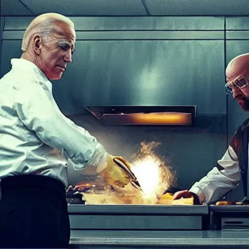 Image similar to “Very photorealistic screenshot of Joe Biden and Walter White cooking drugs in an episode of Breaking Bad, atmospheric lighting, award-winning”