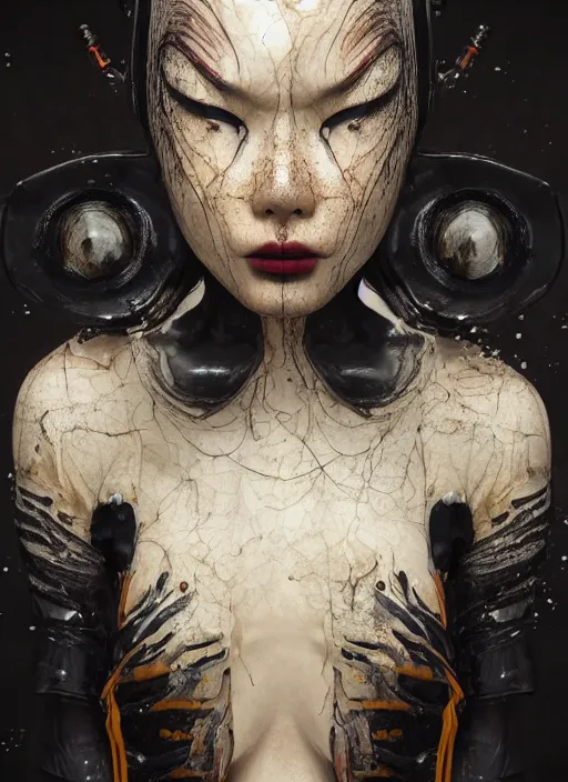 Prompt: portrait of a futuristic geisha cyborg crying black tears made from thick black oil, in the style of ghost in the shell, kintsugi, modern fine art, fractal, intricate, elegant, highly detailed, digital photography, subsurface scattering, by jheronimus bosch and greg rutkowski,