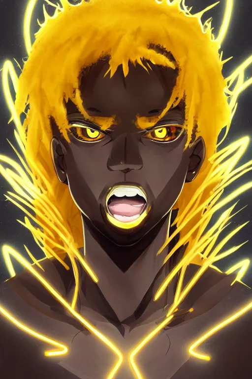 Image similar to glowing black male anime character, golden hair, yellow eyes, symmetrical, highly detailed, digital art, sharp focus, trending on art station, crazy hair, electricity everywhere, anime art style