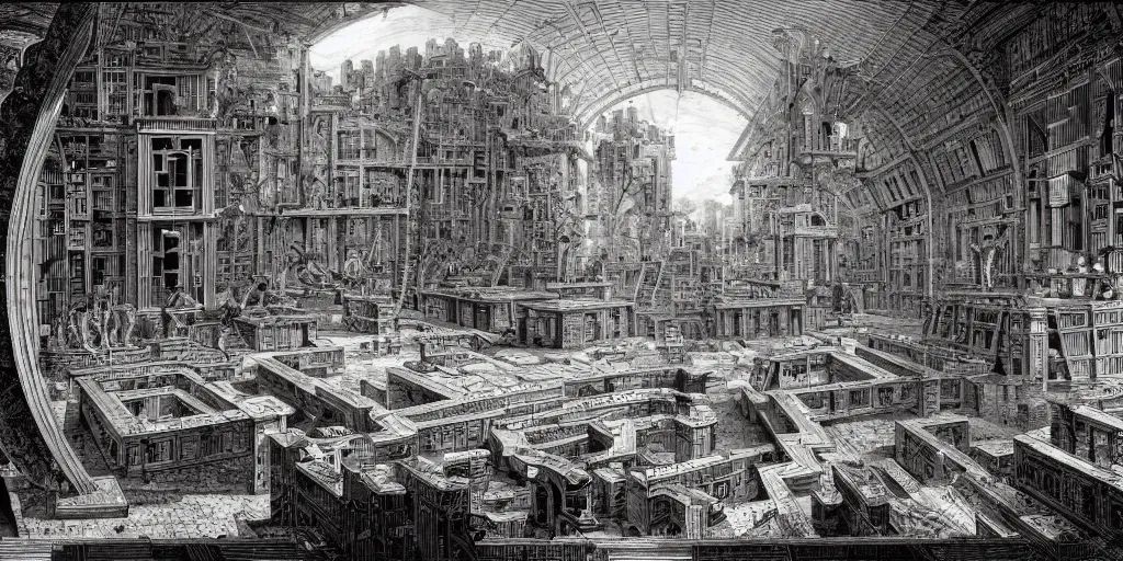 Prompt: a robotic maze of parts by piranesi