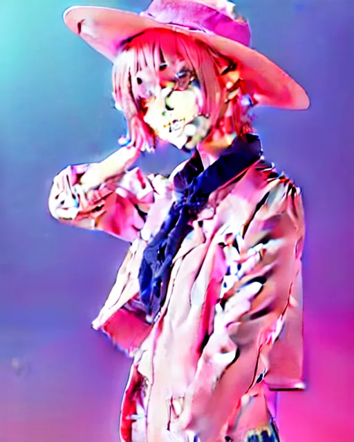 Prompt: anime style, vivid, expressive, full body, 4 k, painting, a cute magical girl with a short pink hair, pink fedora hat and pink jacket, stunning, realistic light and shadow effects, centered, simple background, studio ghibly makoto shinkai yuji yamaguchi