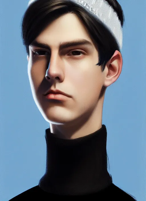 Image similar to portrait of teenage jughead jones wearing a light grey crown, crown, blue turtleneck, closed eyes, photorealistic, black hair, glowing lighting, intricate, elegant, glowing lights, highly detailed, digital painting, artstation, concept art, smooth, sharp focus, illustration, art by wlop, mars ravelo and greg rutkowski