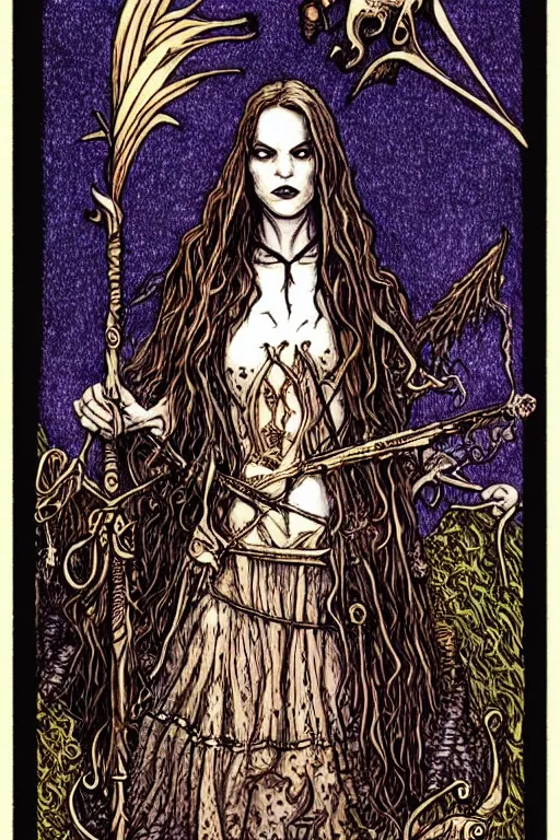 Image similar to dark fantasy, tarot card of the radie peat from the band lankum!!!!!, dark surrealist , fantasy, intricate, elegant, highly detailed, digital painting, artstation, concept art, smooth, sharp focus, illustration, art by Jim Fitzpatrick