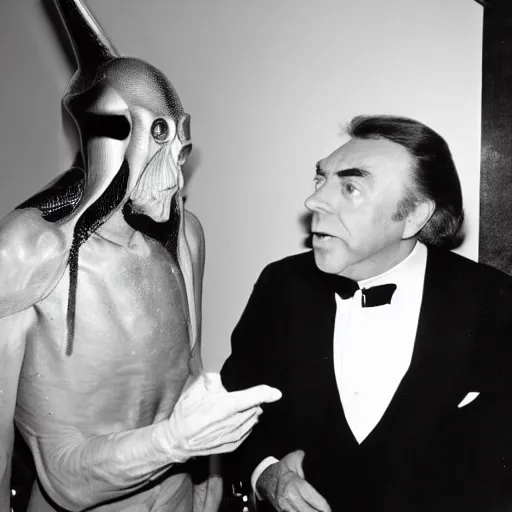 Image similar to old film photography of jaime maussan and a real alien having a conversation