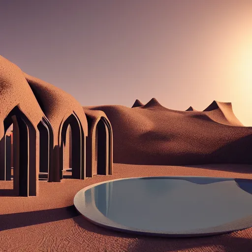 Prompt: minimalistic surreal interior with archs in the desert, architecture visualisation, 3 d glass reflective objects, arcs, abstract pool around, sunny clear sky, vray render, muted colors, c 4 d