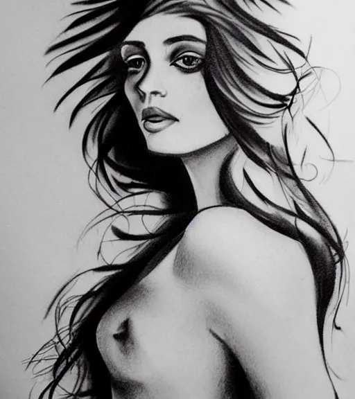 Image similar to tattoo design sketch of a beautiful girl portrait in front of a faded mountain background, in the style of den yakovlev, black and white, realism tattoo, hyper realistic, highly detailed