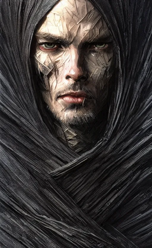 Image similar to Thin roguish man wearing a black cloak made of very thousands of thin strips of cloth that decay into mist, fantasy, highly detailed, digital painting, artstation, concept art, smooth, sharp focus, illustration, art by artgerm and greg rutkowski and alphonse mucha