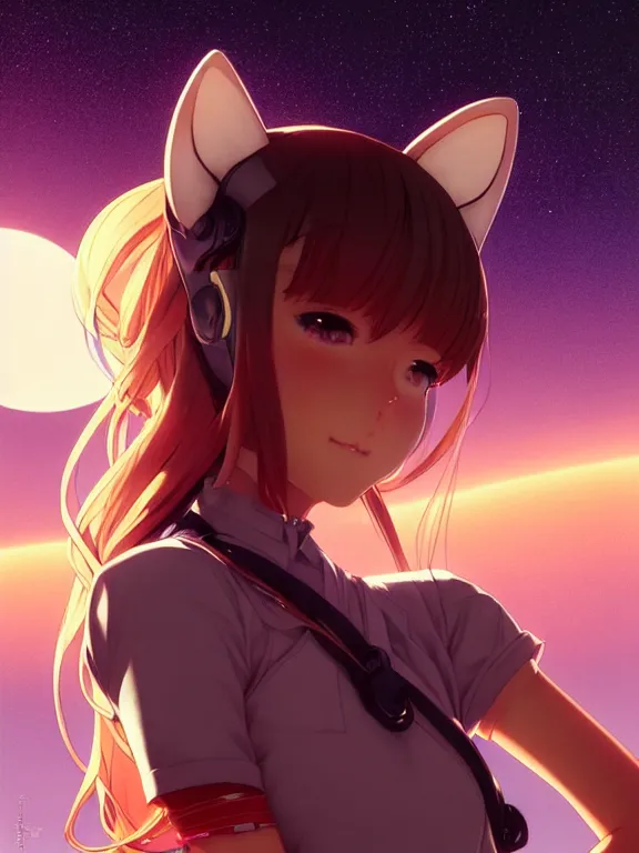 Image similar to full body picture of a cat ear girl on the mars, bored, beautiful and aesthetic, intricate, unreal engine, neat hair, highly detailed, detailed face, smooth, sharp focus, chiaroscuro, manga illustration, artgerm, greg rutkowski, ilya kuvshinov, rossdraws, alphonse mucha, young adult light novel cover art