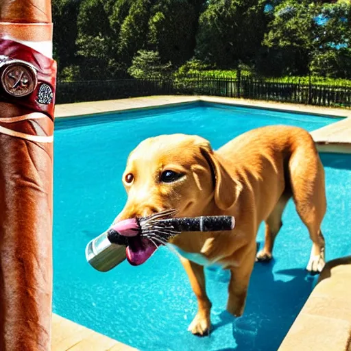 Image similar to a very detailed photo of a dog smoking a cigar outside the mansion by the pool