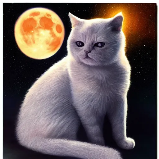 Image similar to cat praying to the moon goddess. hyper realistic, fantastic, moonlit, glow, atmospheric, detailed high resolution oil painting