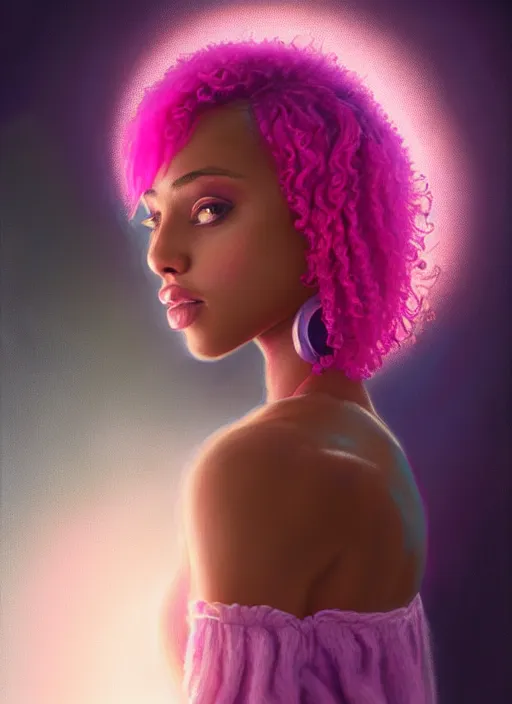 Image similar to portrait of teenage vanessa morgan with bright pink hair, black girl, curly pixie cut hair, wearing a purple breton cap, breton cap, hoop earrings, intricate, elegant, glowing lights, highly detailed, digital painting, artstation, concept art, smooth, sharp focus, illustration, art by wlop, mars ravelo and greg rutkowski