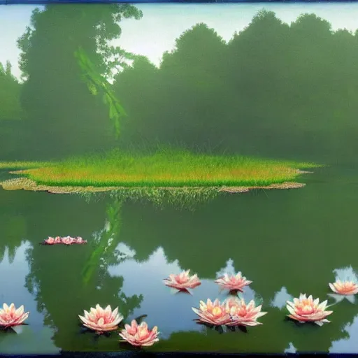 Image similar to a pond with water lillies in the forest, in the style of Rene Magritte,