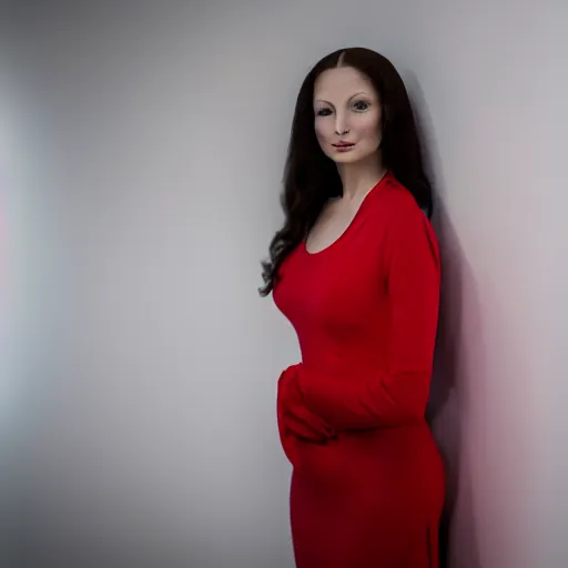 Image similar to Stunning modern studio portrait photograph of the original female model named Mona Lisa standing in a white room wearing a red dress, XF IQ4, f/1.4, ISO 200, 1/160s, 8K, RAW, unedited, symmetrical balance, in-frame, sharpened