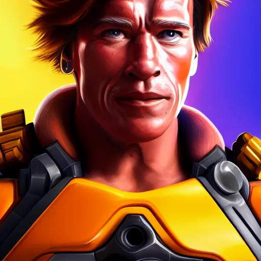 Image similar to a screenshot of arnold schwarzenegger as tracer in overwatch, portrait, fantasy, beautiful face, vivid colors, elegant, concept art, sharp focus, digital art, hyper - realistic, 4 k, unreal engine, highly detailed, hd, dramatic lighting by brom, trending on artstation