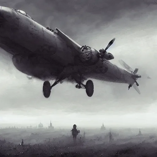 Image similar to huge steampunk aircraft, sky,, dense fog, jakub rozalski