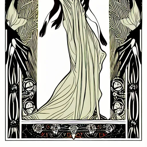 Prompt: ethereal, numinous goddess of the forest draped in magic, minimal, flat colors, art deco, art nouveau, ornate border