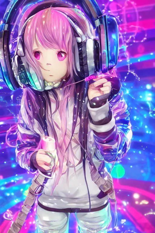 Prompt: portrait of an 3d anime character with cute sparkly eyes wearing a psychedelic holographic hoodie and headphones, long hair with pastel colors, wearing a cute face gas mask in the style of code vein by Kurumi Kobayashi Koichi Itakura, 3d anime, octane render, dynamic dramatic lighting, with glitch and chromatic abbreviations, artstation, cgsociety, imaginefx, by anime concept artist, rendered in unreal engine, by WENJR, WLOP, artgerm