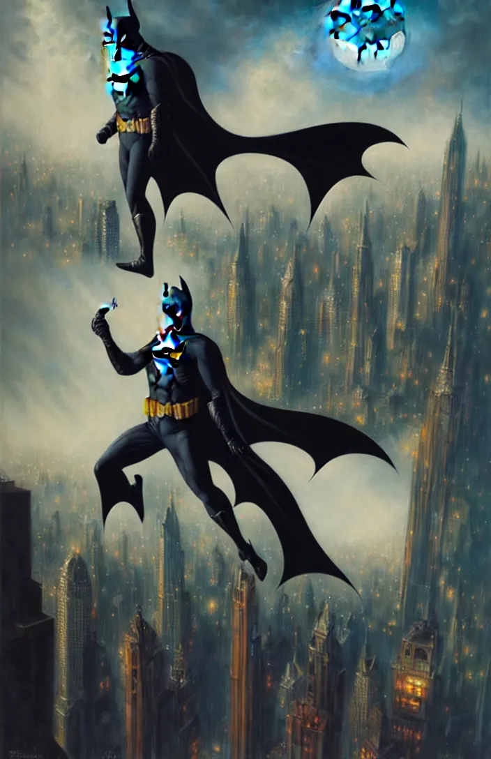 Image similar to batman standing over gotham city by karol bak, james jean, tom bagshaw, rococo, sharp focus, trending on artstation, cinematic lighting, hyper realism, octane render, 8 k, hyper detailed, vivid, ultra detailed, highly detailed