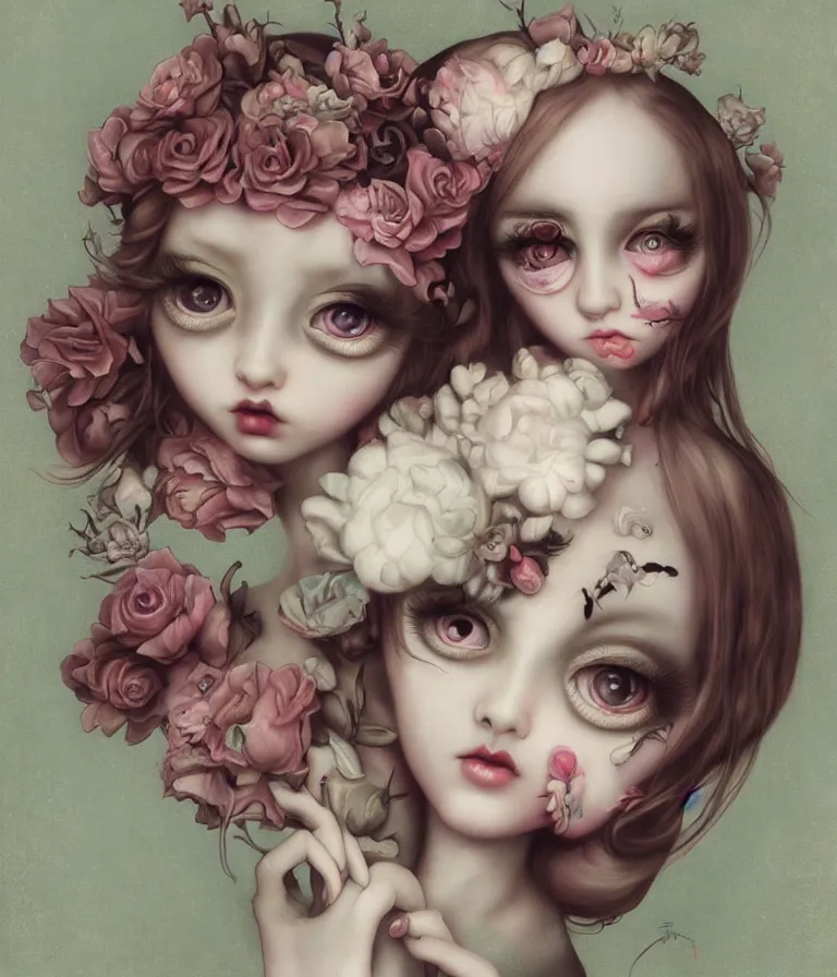 Image similar to pop surrealism, lowbrow art, realistic cute alice girl painting, japanese street fashion, hyper realism, muted colours, rococo, natalie shau, loreta lux, tom bagshaw, mark ryden, trevor brown style