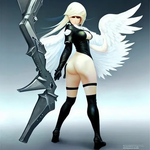 Prompt: greg manchess painting of a 2 yorha type a no. 2 as mercy from overwatch!! in a battlefield fighting, white long hair, large white wings, organic painting, trending on artstation, by huang guangjian and gil elvgren and sachin teng