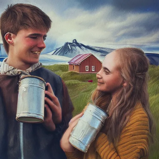 Image similar to a highly detailed portrait of a young couple from the side, holding a tin can, renote icelandic village, summer, blonde hair, muted colors, joy, trending on artstation,