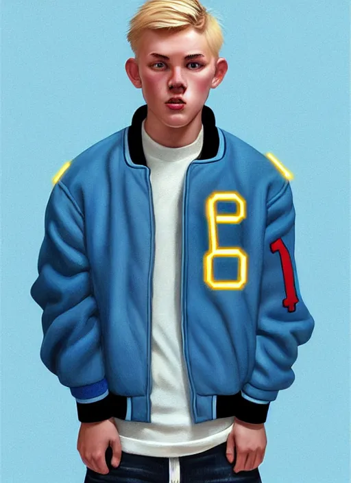 Image similar to portrait of high school senior boy named big moose, blonde short hair, jock, beefy, wide face, square jaw, square facial structure, blue varsity jacket with letter r, intricate, elegant, glowing lights, highly detailed, digital painting, artstation, concept art, sharp focus, illustration, art by wlop, mars ravelo and greg rutkowski