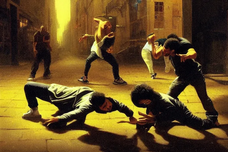 Prompt: break dance battle in a dark alley in the style of jean - leon gerome