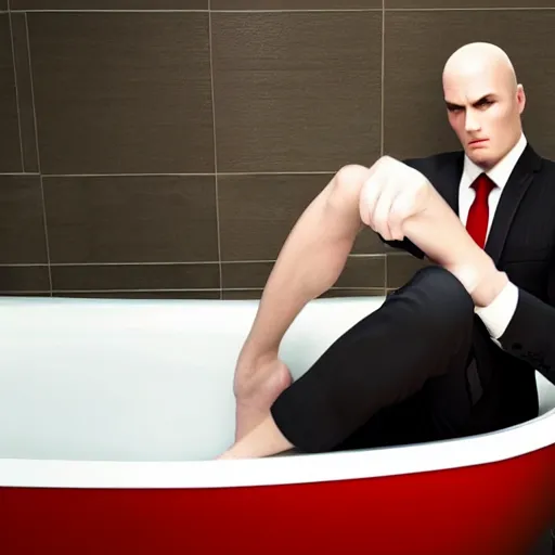 Image similar to photo of hitman agent 4 7 sitting in bathtub