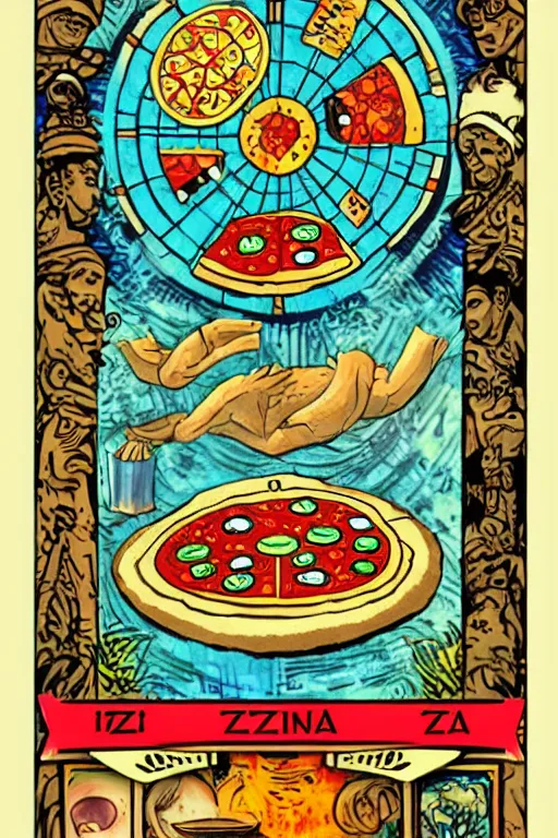 Image similar to Pizza zodiac tarot card, mayan style, concept art, detailed