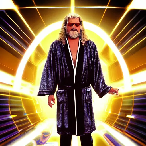 Image similar to dude lebowski dressed in bathrobe played by jeff bridges, stuck in tron realm, photorealistic movie still, detailed 8 k, poster style, high resolution