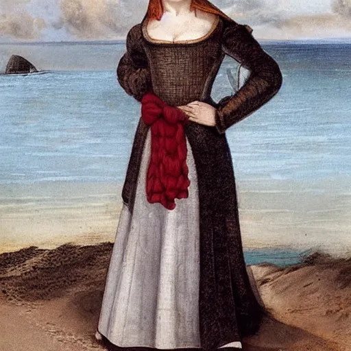 Prompt: sensibly dressed woman at the beach in 1 6 0 0 england