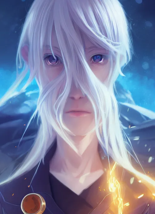 Prompt: rimuru playing chess, with golden eyes, straight sky blue hair, long bangs, black jacket, high collar, concept art, award winning photography, digital painting, cinematic, by wlop, anime key visual, wlop, 8 k, by ross tran, chengwei pan, paul kwon,