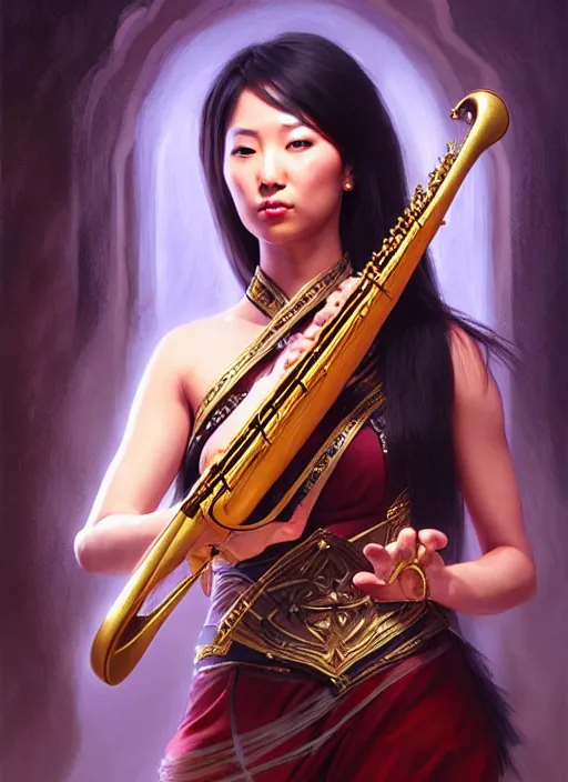 Image similar to a _ fantasy _ style _ portrait _ painting _ of asian female charismatic bard playing instrument, rpg dnd oil _ painting _ unreal _ 5 _ daz. _ rpg _ portrait _ extremely _ detailed _ artgerm _ greg _ rutkowski _ greg