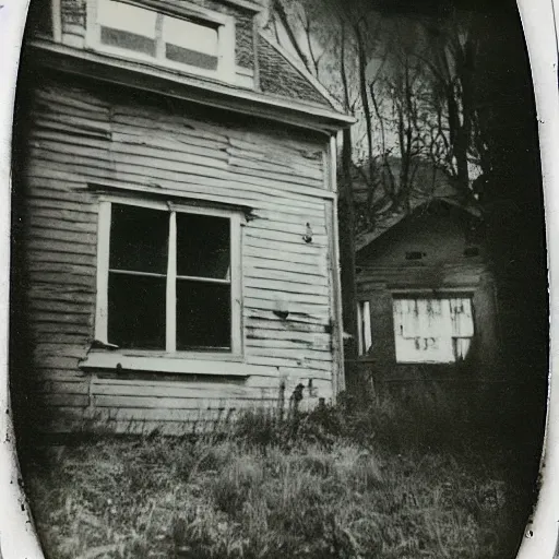 Prompt: 1900's polaroid photograph of a run-down house with a spindley scary terrifying entity in front, creepypasta, liminal, teeth