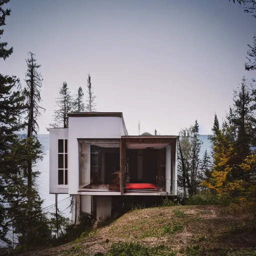 Prompt: wes anderson style modern house near the lake and forest, cinematic, realism, photo