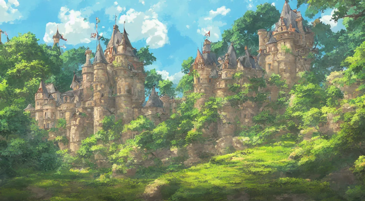 Prompt: a landscape painting of a French castle, with a garden, in the style of anime, by Studio Ghibli, trending on artstation