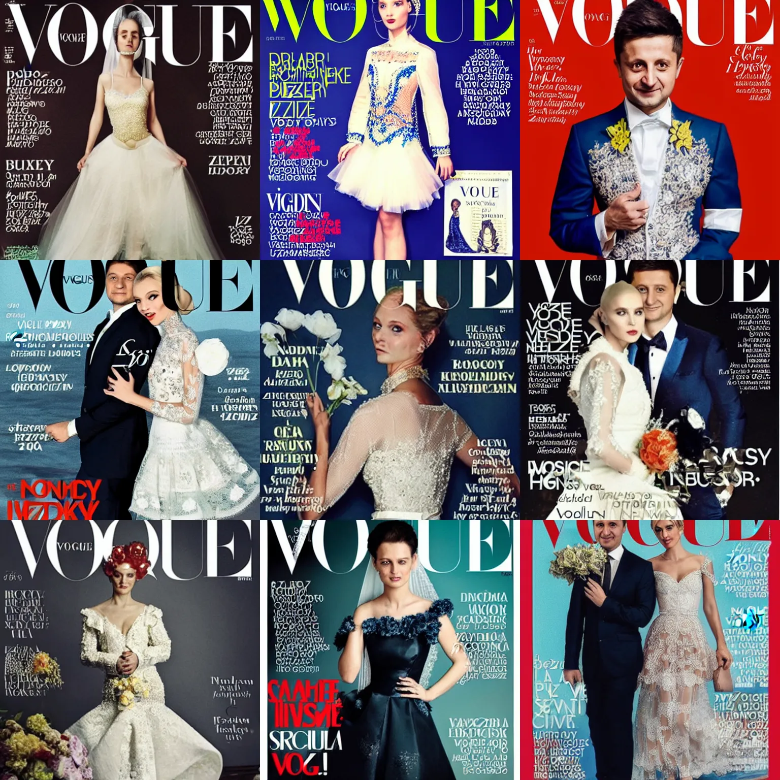 Prompt: Volodymyr Zelensky wearing a fancy bride dress on the cover of the Vogue magazine