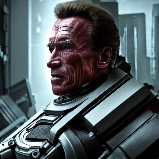 Image similar to hyperrealistic dslr film still of arnold schwarzenegger in dead space, stunning 8 k octane comprehensive 3 d render, inspired by istvan sandorfi & greg rutkowski & unreal engine, perfect symmetry, dim volumetric cinematic lighting, extremely hyper - detailed, incredibly real lifelike attributes & texture, intricate, masterpiece, artstation, 8 k 8 5 mm f 1. 4