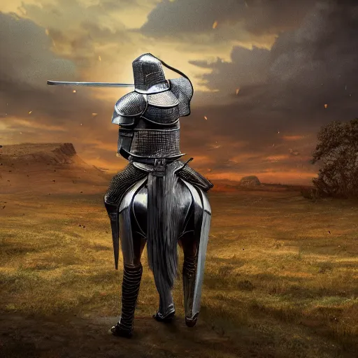 Prompt: art of a medieval knight from the back in full growth, in the middle of a lonely battleground where corpses lie another knights and horses, 4K, high detailed