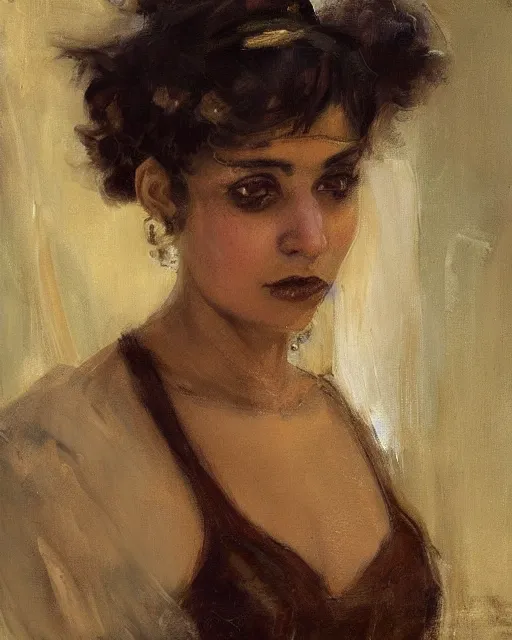 Prompt: face detail cute blind arabian necromancer princess with blunt bangs fringe and narrow face, in a dark library, orientalism by theodore ralli and nasreddine dinet and anders zorn and edwin longsden long, oil painting, bangs, curls, collarbones, brown skin, expressive face, excellent lighting, high detail 8 k
