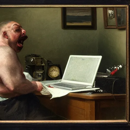 Image similar to an angry man yells at his computer monitor, oil on canvas, 1 8 8 3, highly detailed