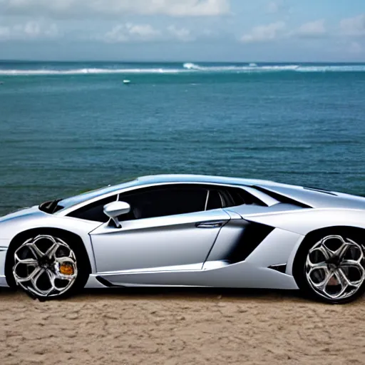 Image similar to A beautiful silver Lamborghini aventador on the beach, 8k, realistic reflection