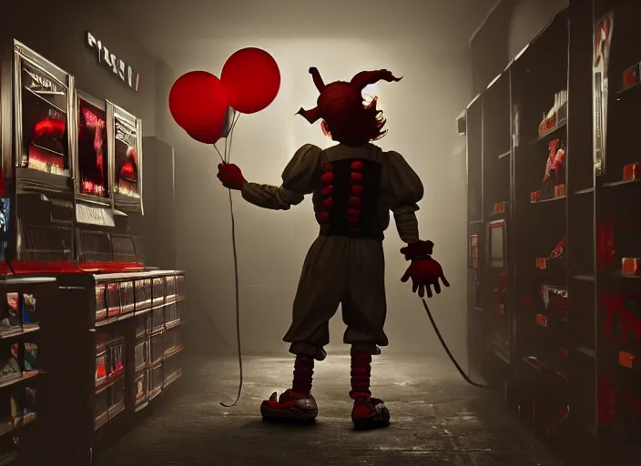 Image similar to giant pennywise shopping at gamestop, pennywise buying his game collection, amazing details, atmospheric, surrealism, 8 k, octane render, cold hue's, warm tone gradient background