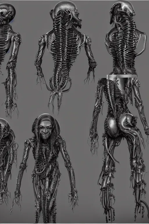 Prompt: cyborg dreadlock mutant with gunmetal grey skin, medical anatomy, very symmetrical face, highly detailed, tentacles mecha implants, three - perspective / three - view reference sheet ( front / back / side ), in the style of dan ouellette, dren from splice, hr giger, sil from species, artstation, unreal engine