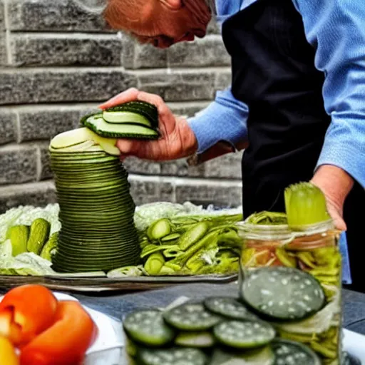 Prompt: an old man is stacking pickles his wife's head, making it look like a tower