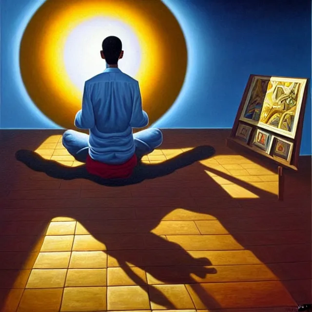 Image similar to an oil on canvas portrait of a man meditating and the sun is shining through the window, surrealism, surrealist, lovecraftian, cosmic horror, rob gonsalves, high detail