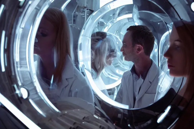 Image similar to movie closeup polar opposites, couple, researchers in a futuristic lab building inter dimensional portal machine, beautiful skin, Symmetrical faces. Beautiful lighting by Emmanuel Lubezki