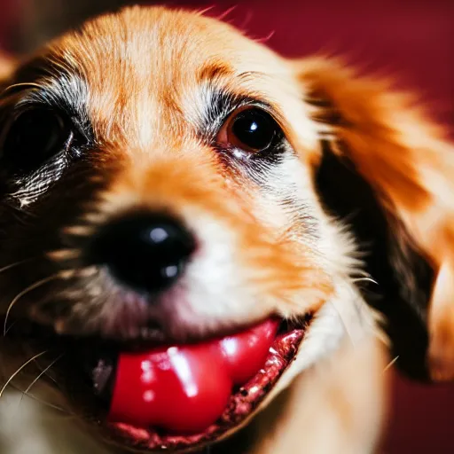 Prompt: macro image of a super cute dog puppy that is eating a cheeseburger