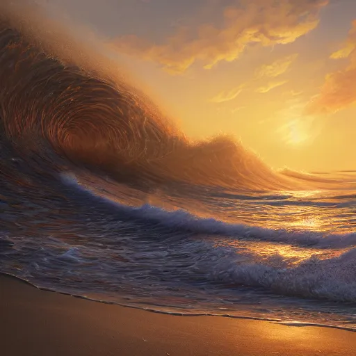 Prompt: A beautiful detailed painting of an exotic deserted beach with big waves, lit by sunset, by Quentin Marsollier, unreal engine, featured on artstation, ultrawide angle, f8