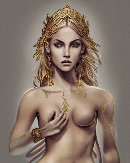 Image similar to tattoo design sketch of hot blonde super model as aphrodite greek goddess wearing a gold laurel wreath and triangle earrings, beautiful piercing gaze with sharp pupils, in the style of greg rutkowski, fantasy, amazing detail, epic, elegant, smooth, sharp focus, front view